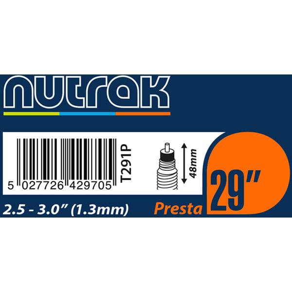 Nutrak 29+ (650B) bicycle inner tube with 48mm Presta valve, durable butyl material for reliable bike tire inflation.