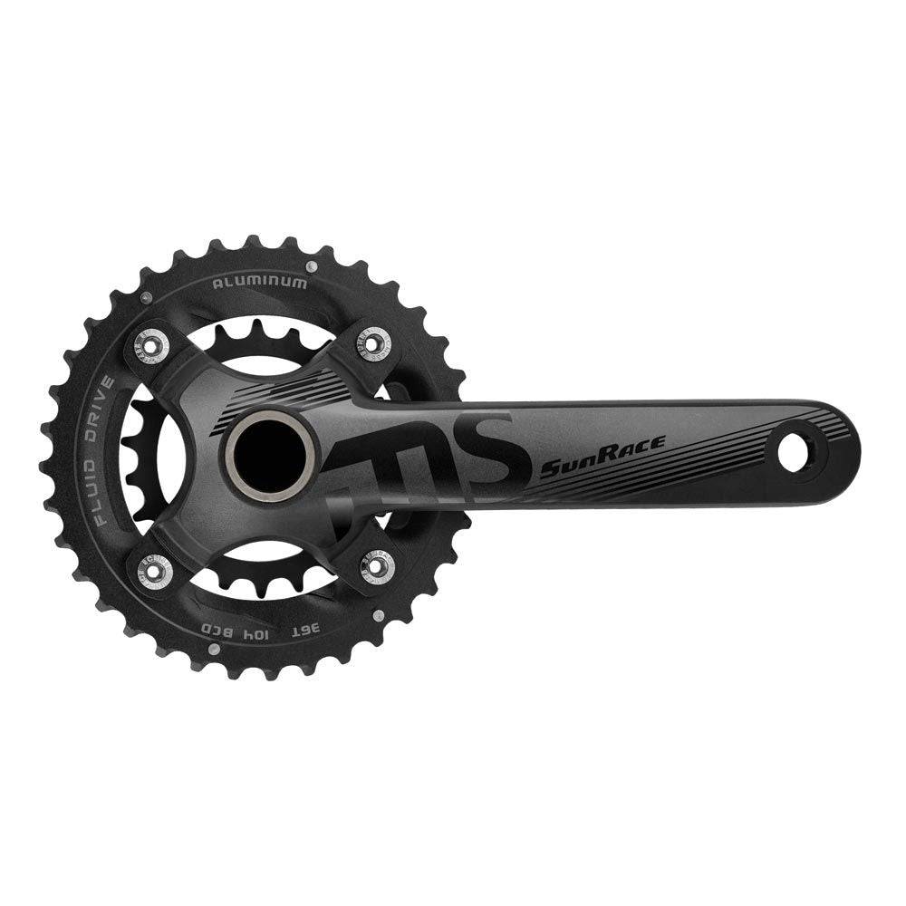 SunRace FCMS66 double crankset for MTB with 2x10-speed gears and bottom bracket, featuring black crank arms and chainrings.