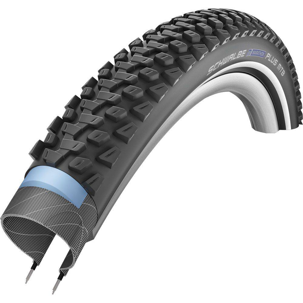 Schwalbe Marathon Plus MTB tyre with SmartGuard puncture protection, suitable for e-bikes, shown mounted on a mountain bike wheel.