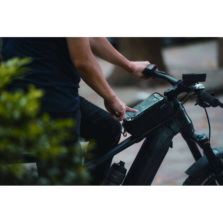 Black Topeak Bento Pack top tube bike bag with phone case and organizer for cycling accessories, compact and easy to attach.