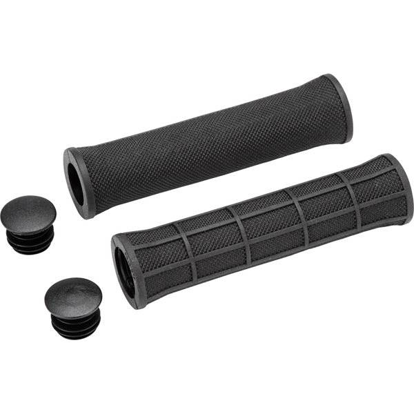 M Part Essential Grip bike handlebar grips, durable low profile design for wet conditions, shown installed on a bicycle handlebar