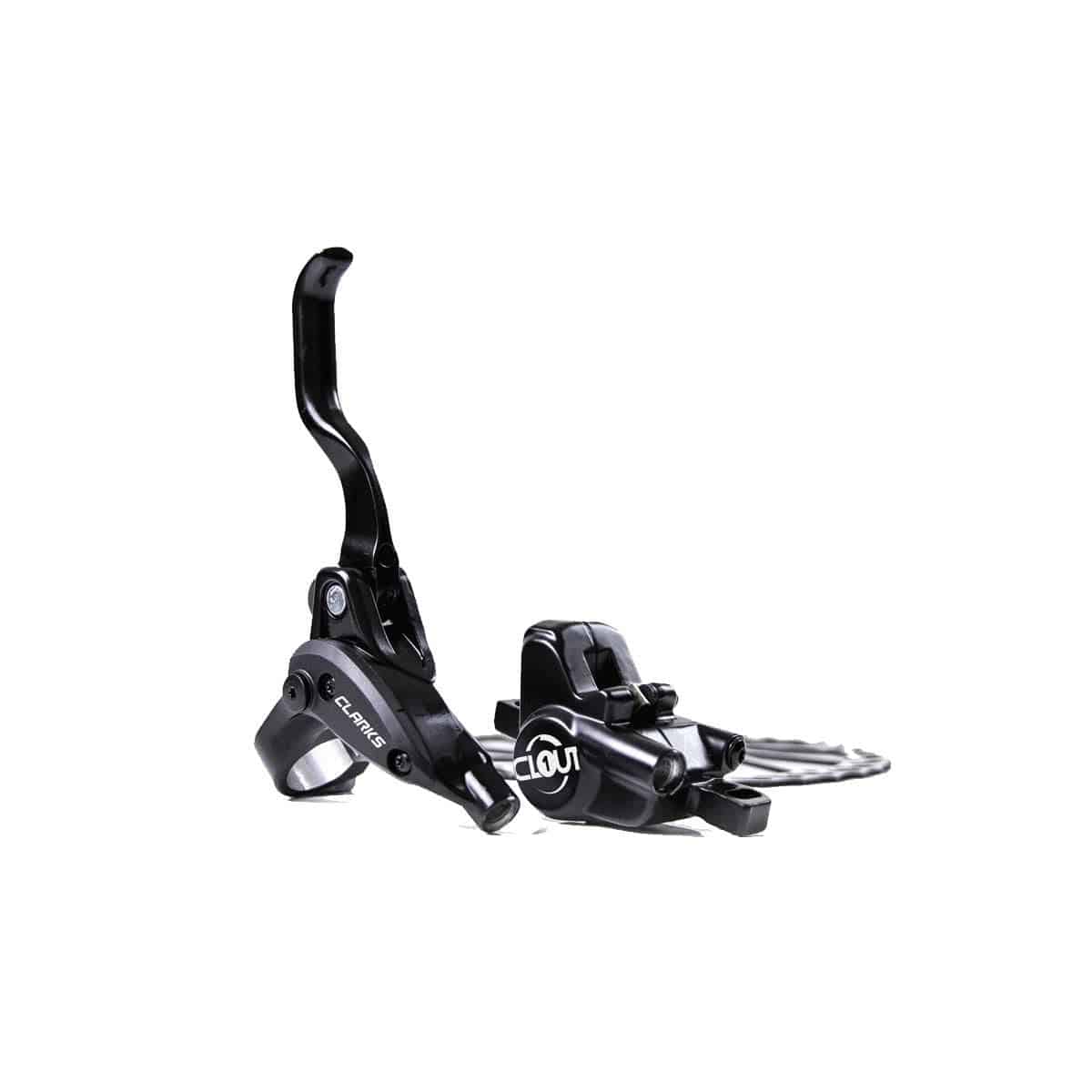 Clarks CLOUT front hydraulic brake F160 with 2 piston IS mount in black, featuring mineral oil for bicycle components.