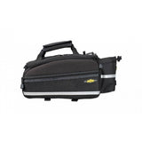 Black Topeak MTM TrunkBag EX bike rack bag with weather-resistant fabric, water bottle holder, and 8L capacity for cycling accessories.