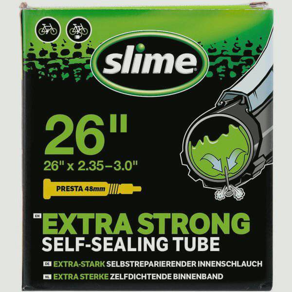 Slime Smart Tube 26-inch Presta valve inner tube with sealant, bicycle component for puncture protection and inflating tires.