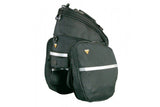 Topeak RX TrunkBag DXP black expandable rear bike rack bag with QuickTrack mount for cycling accessories and storage.