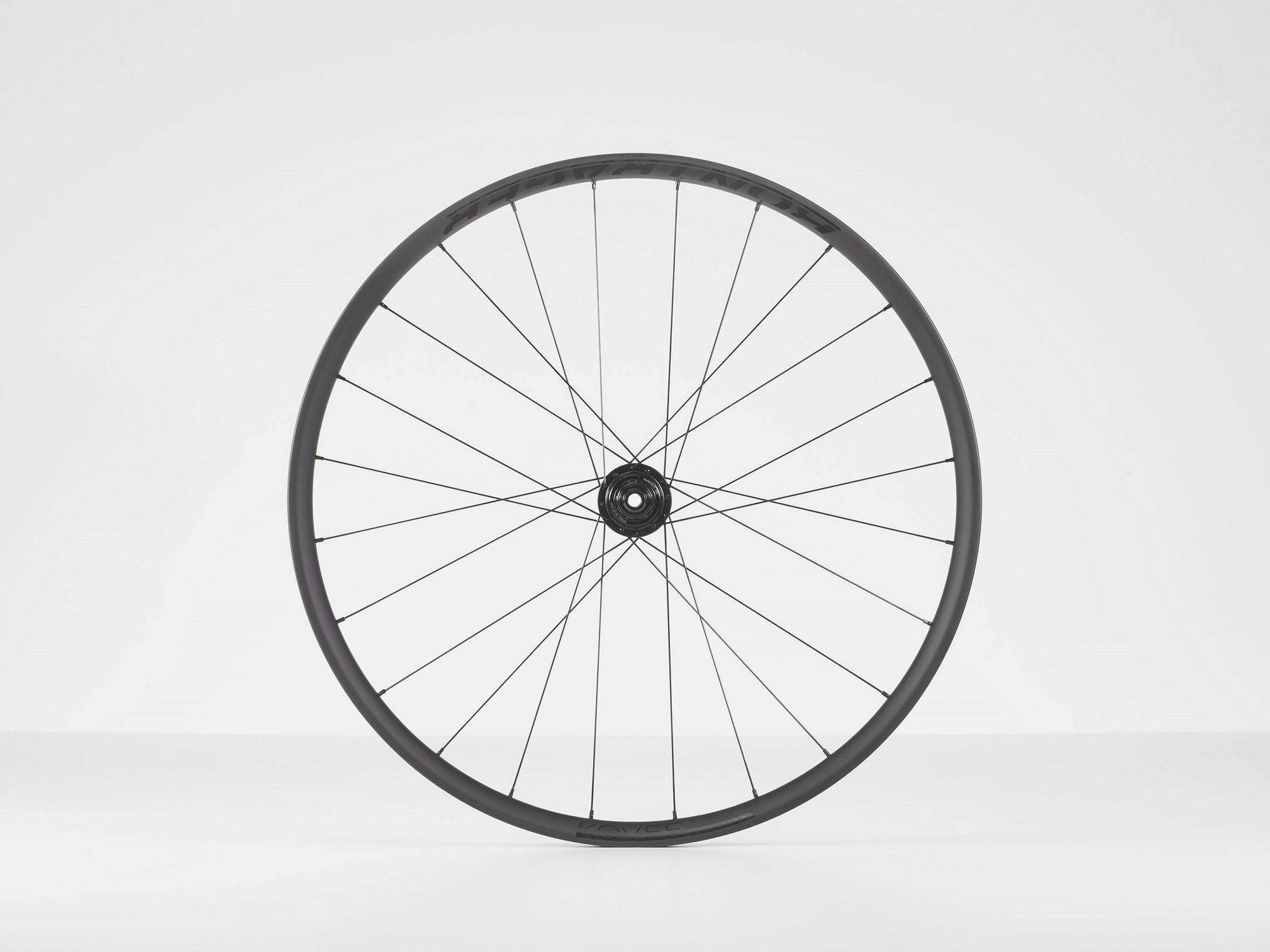 Bontrager Kovee Elite 30 TLR Boost 29 MTB wheel with carbon rim, tubeless-ready, shown installed on a mountain bike.