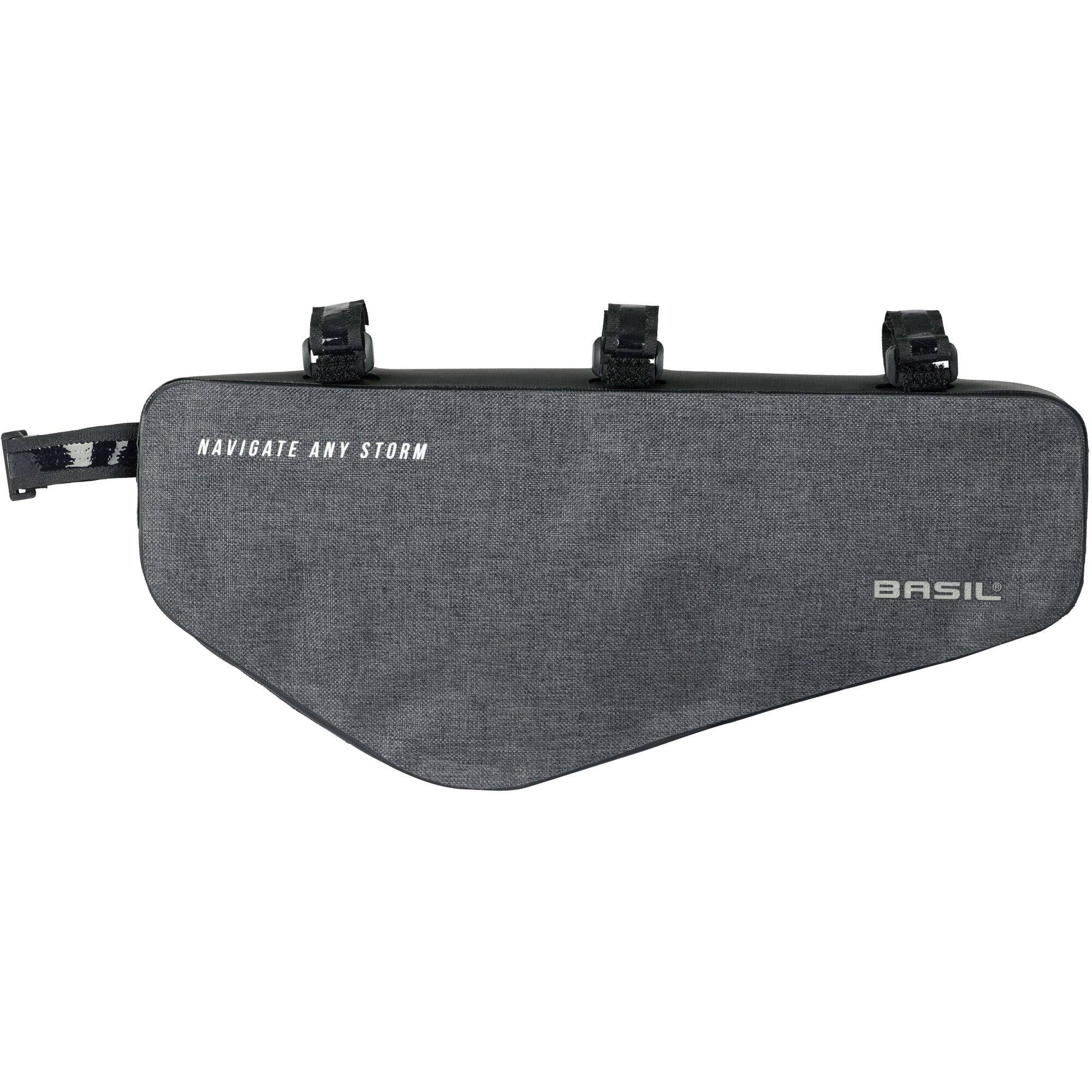 Black Basil Navigator Storm Frame Bag M with reflective logos, waterproof, 2.2L capacity, designed for bike accessories.