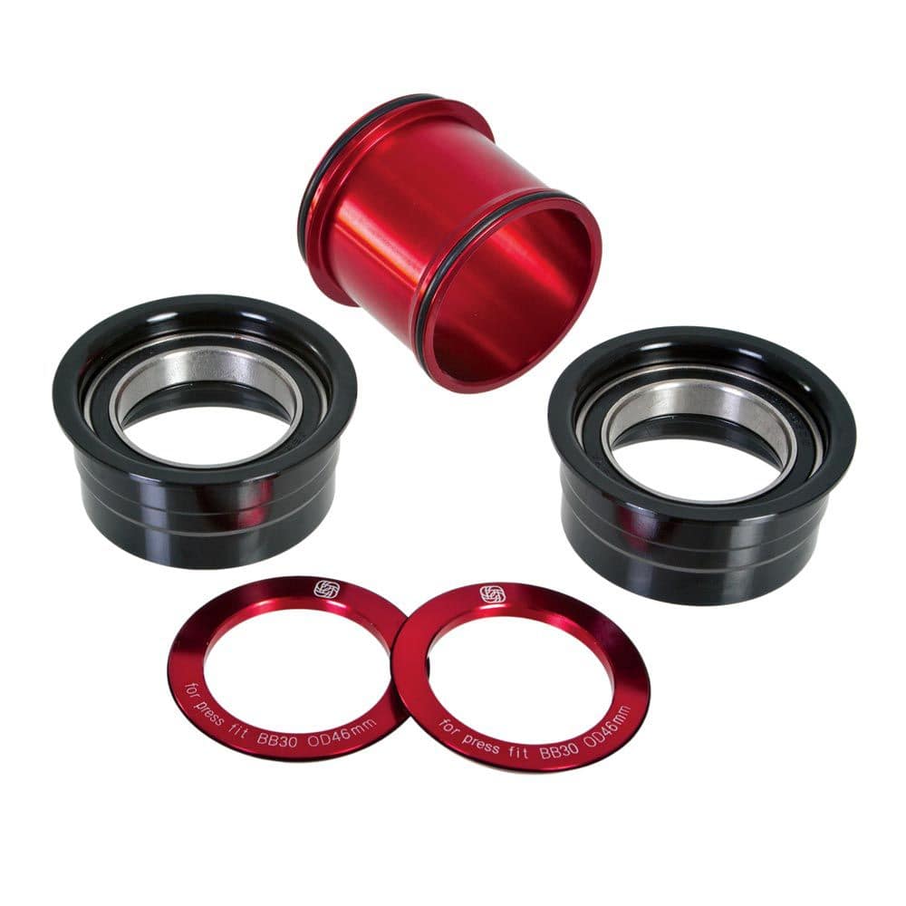 Gusset Components GRS PF30 bottom bracket for 46mm shell, suitable for road and MTB bikes, shown installed in frame.