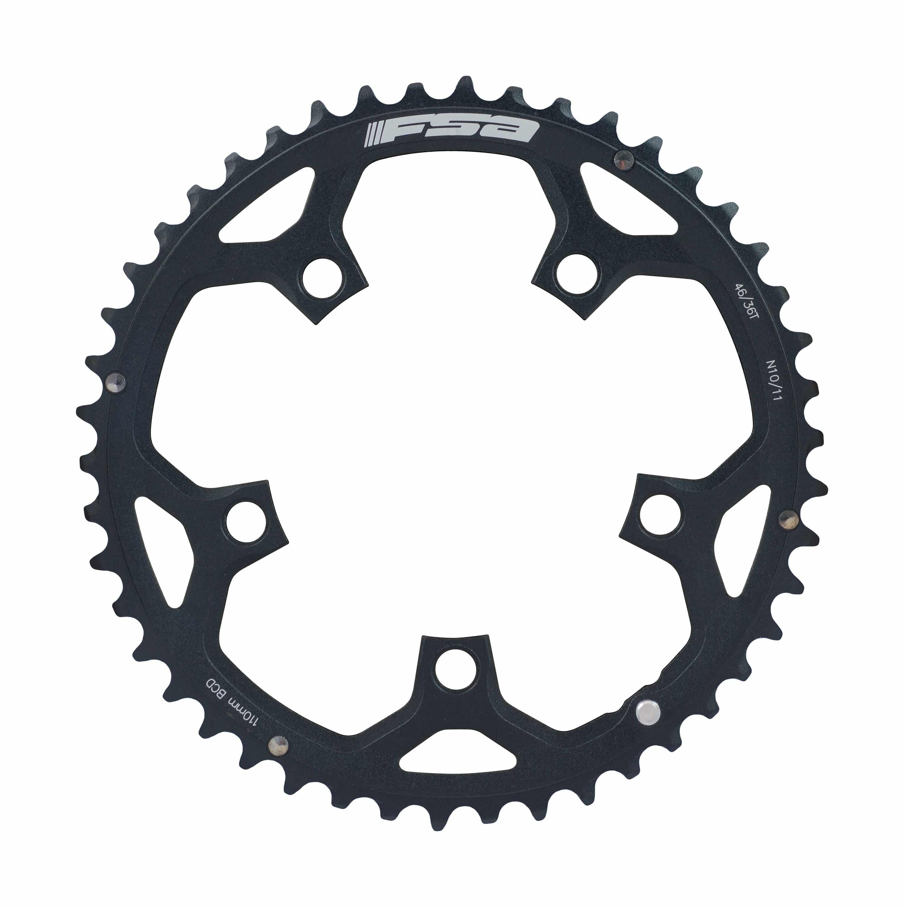 FSA Pro Road 2x11 Speed chainring set, black anodized CNC aluminum, 110x46T, 5-hole component for bike drivetrain.