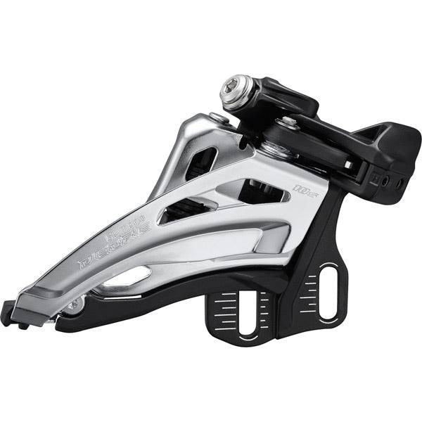 Shimano Deore FD-M4100-E front derailleur for 10-speed double side swing MTB bike, E-Type component with brand logo visible.