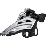 Shimano Deore FD-M4100-E front derailleur for 10-speed double side swing MTB bike, E-Type component with brand logo visible.