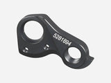 Trek road bike rear derailleur hanger in black with 142x12mm thru axle, mounted on drive side for bike components.
