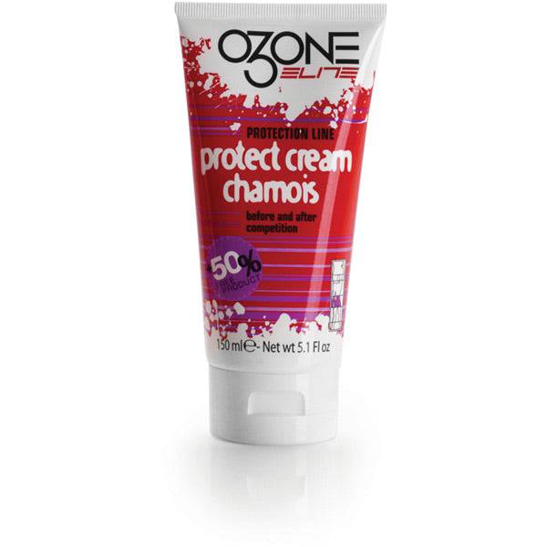 Elite O3one Protective Chamois Cream tube for cycling skin care, featuring a 150ml size and ergonomic design.