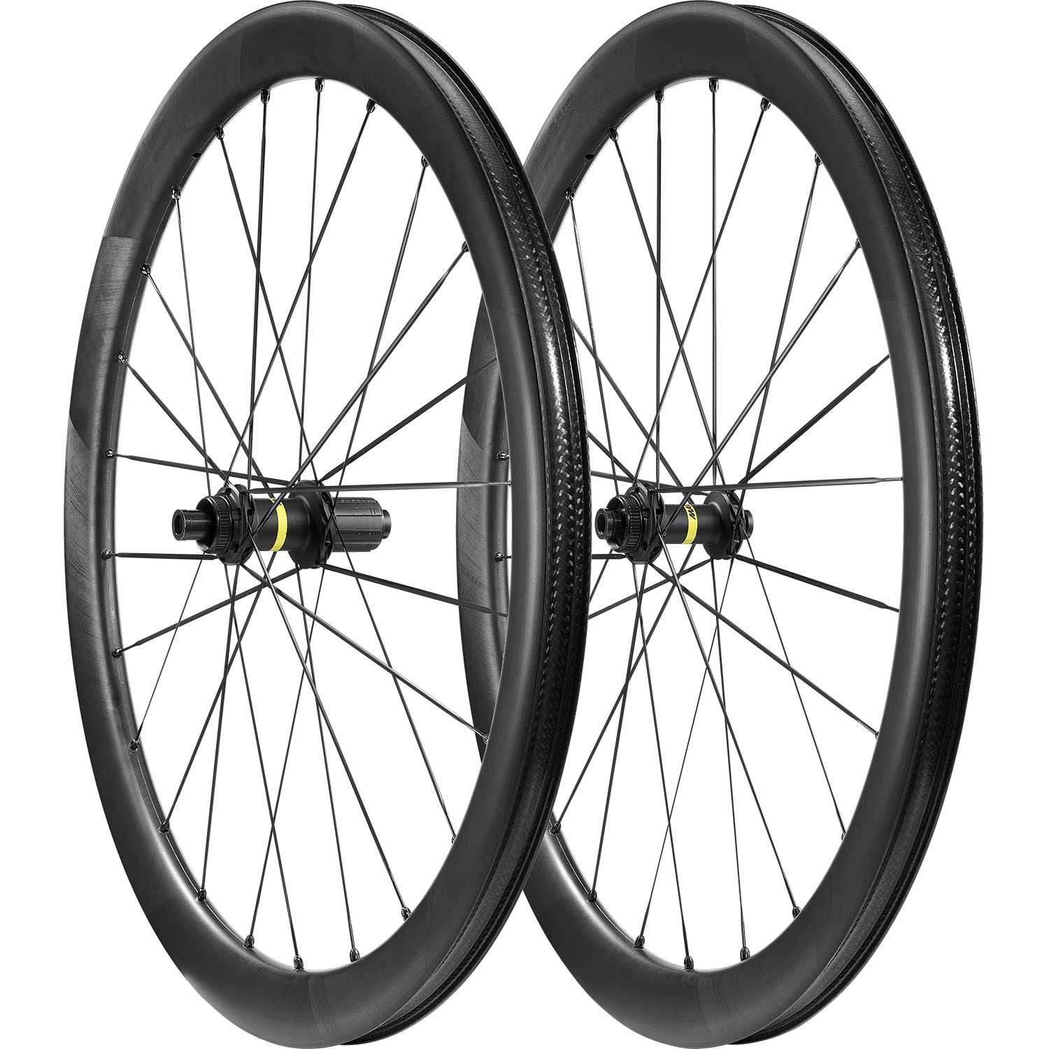 Mavic Cosmic SLR 45 Disc road wheelset with 23mm tubeless-compatible rims and aerodynamic profile, shown from side view.