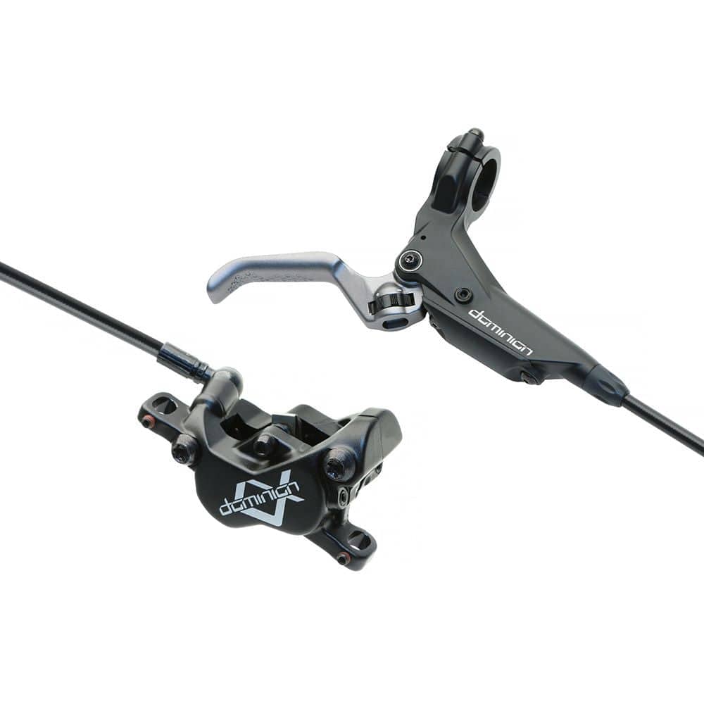 Hayes Dominion A4 hydraulic brake kit with short reach lever, showcasing the brake caliper and disc for mountain biking.