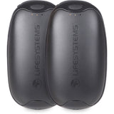 Lifesystems rechargeable dual palm handwarmer with adjustable heat settings and built-in power bank, shown in use.