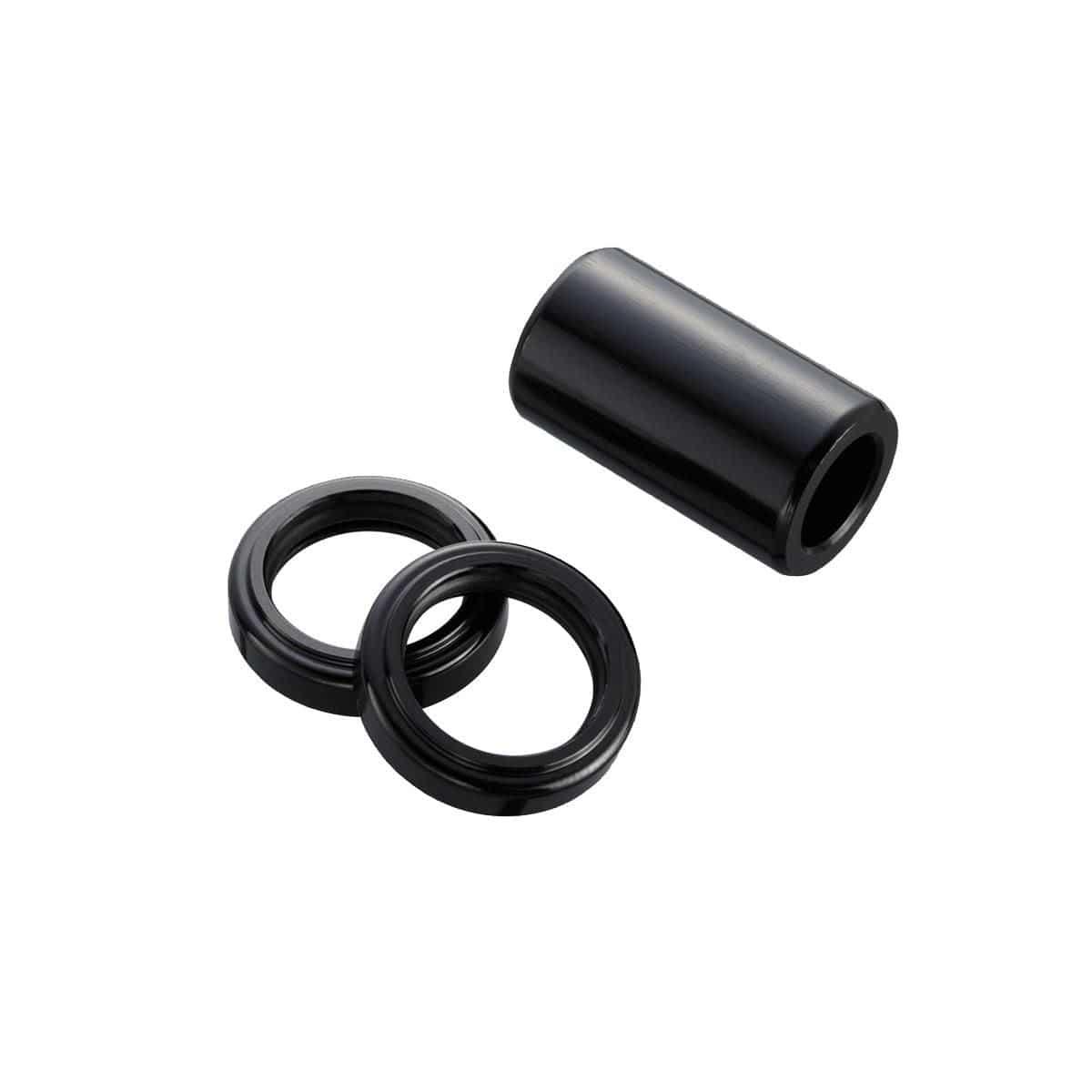 Black Rock Shox rear shock mounting hardware with 40mm metric bearing dust covers, includes two components for bike suspension.