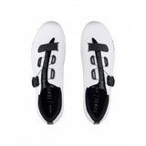 Fizik R5 Tempo Overcurve road cycling shoes with BOA IP1 dial and Velcro strap, black and red design, shown from side angle.