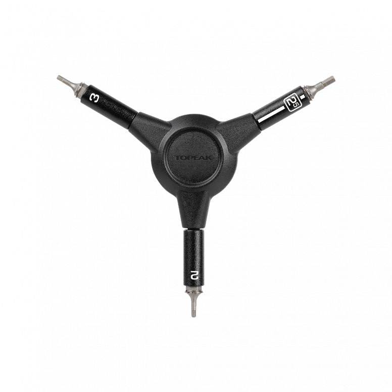 Black Topeak Y-Hex Speed Wrench with 2/2.5/3mm hex bits and speed sleeve, ideal for bike workshop repairs.