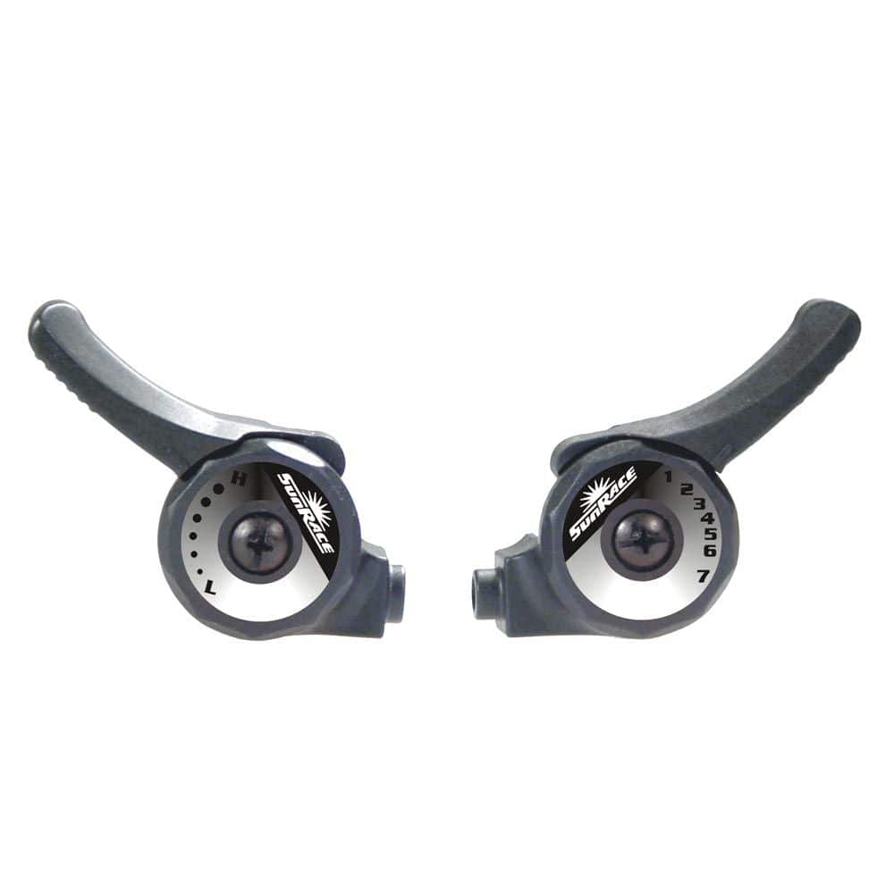Sunrace SLM2T R6 thumb shifters for 6-7 speed mountain bikes, close-up of MTB components with ergonomic design.