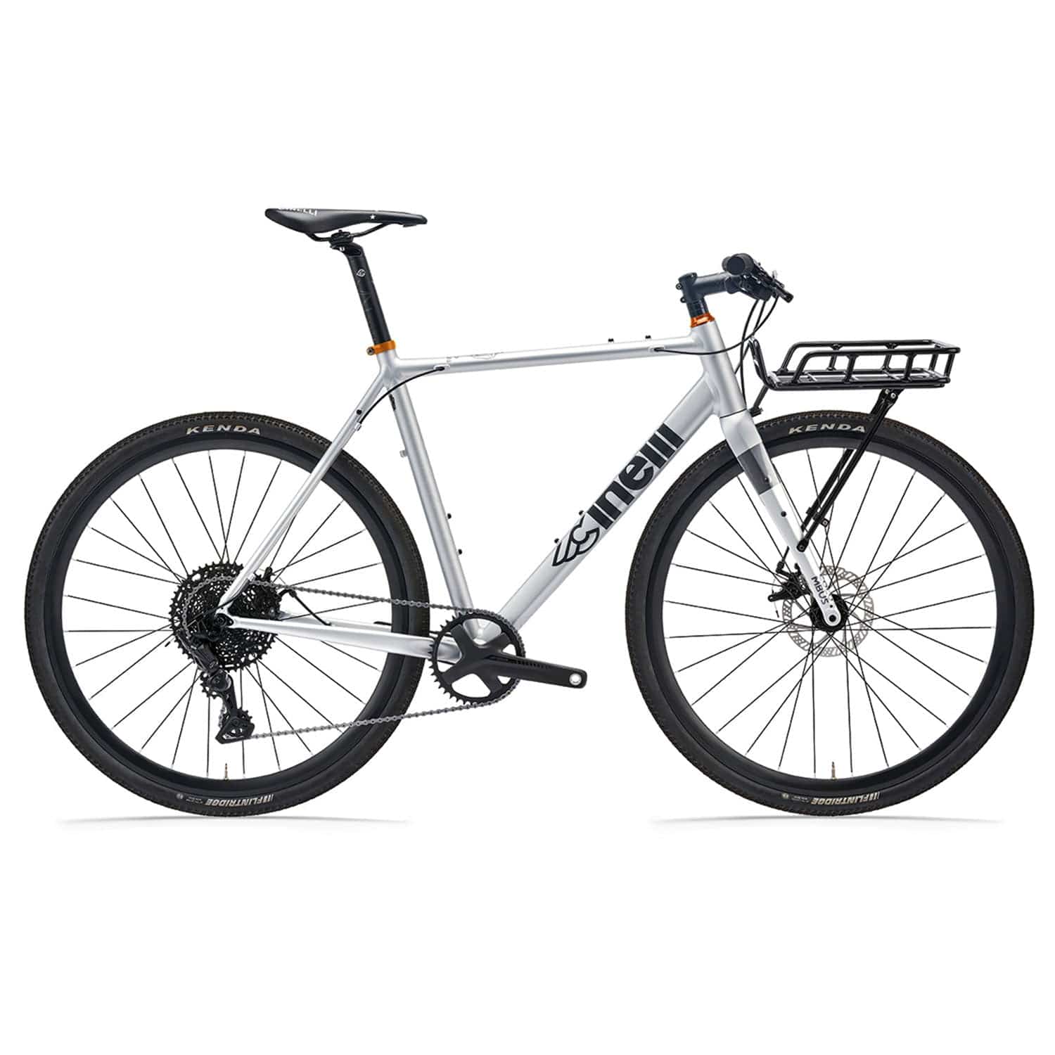 Cinelli Zydeco Silver Bootleg gravel bike with front rack, designed for urban commuting and mixed terrain riding.