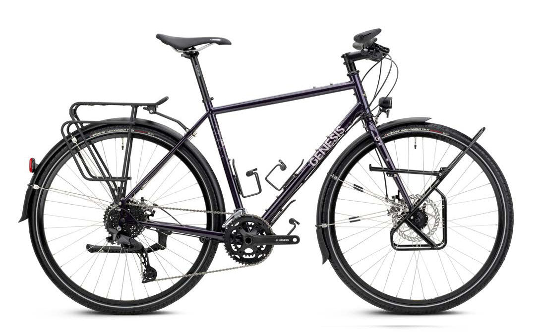 Genesis Tour de Fer 30 2026 touring bike with Shimano 2x10-speed drivetrain and dynamo lighting, ready for long-distance cycling.