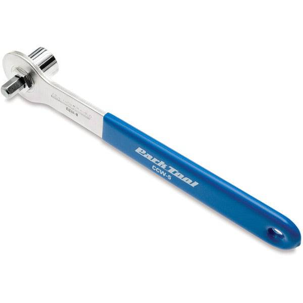 Park Tool CCW-5 crank bolt wrench with 14mm socket and 8mm hex for Shimano SPD pedals, ideal for bike workshop repairs.