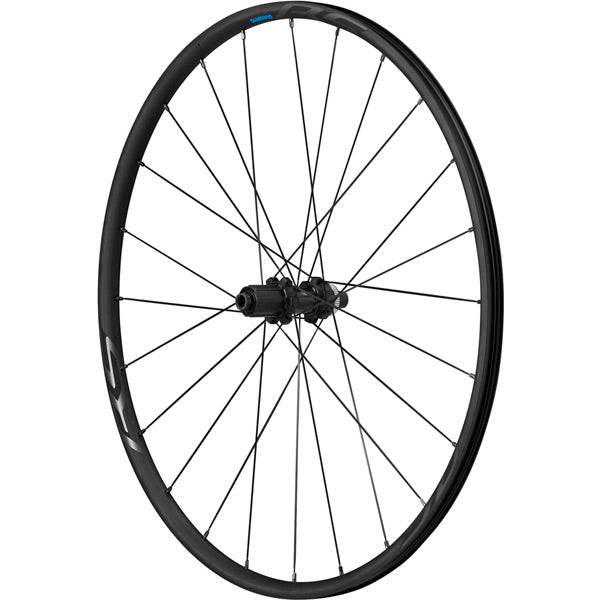 Shimano RS370 tubeless compatible road wheel with center lock disc rotor mount, showing the wheel rim and rotor interface.