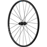 Shimano RS370 tubeless compatible road wheel with center lock disc rotor mount, showing the wheel rim and rotor interface.