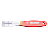 UNIOR 2-in-1 disc brake tool in red, featuring pad spreader and rotor truing fork for bike workshop use.