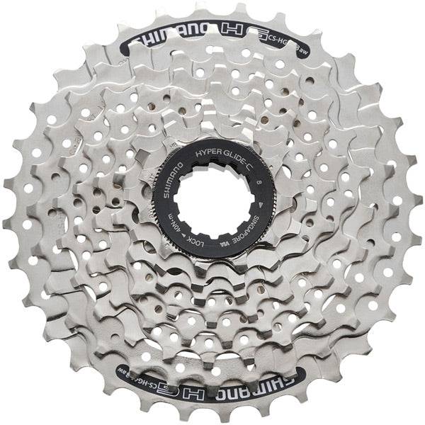 Shimano Acera HG41 8-speed cassette with Hyperglide and MegaRange 34T sprocket on a bike drivetrain component.