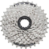 Shimano Acera HG41 8-speed cassette with Hyperglide and MegaRange 34T sprocket for bike components, showing the gear teeth and branding.