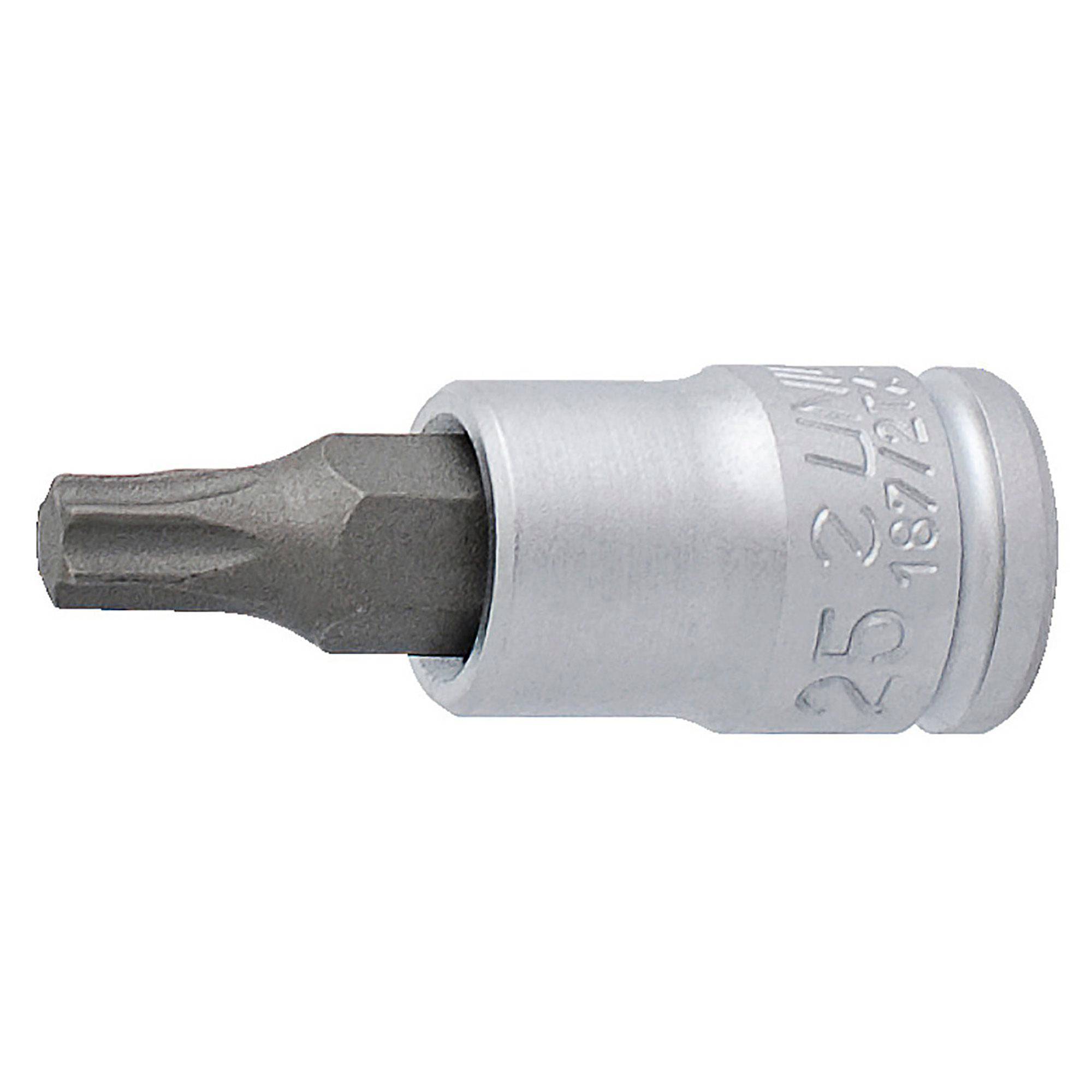 UNIOR 1/4-inch screwdriver socket with TX profile, designed for durable workshop use, shown with metal tools and workshop background.