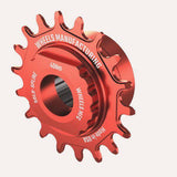 Wheels Manufacturing Solo-Spline 18T single speed conversion kit for Shimano Micro Spline hubs in red, showing the sprocket and components.