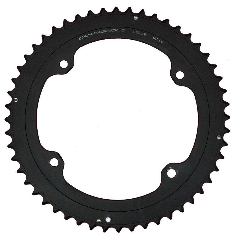 Campagnolo 12-speed chainrings for bicycle components, showing close-up of the precise gear teeth and high-quality metal finish.