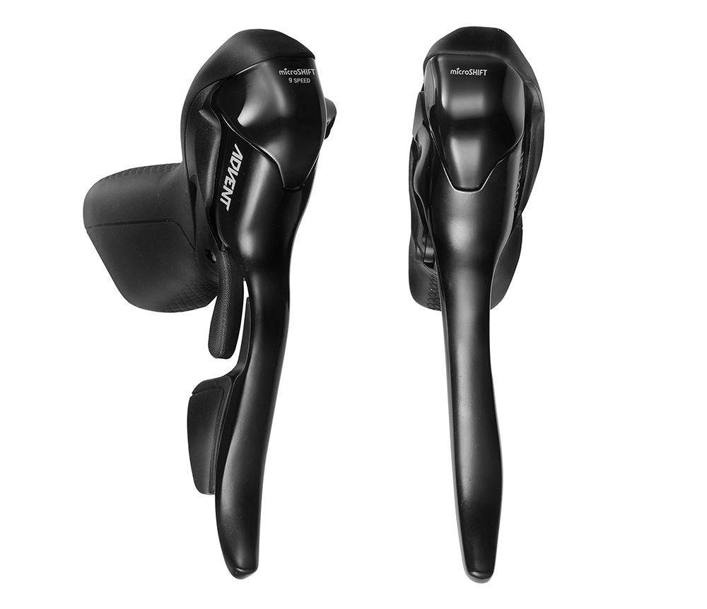 MicroSHIFT ADVENT 1x9 road drop bar shifters for 9-speed wide-range cycling systems, shown mounted on drop handlebars.