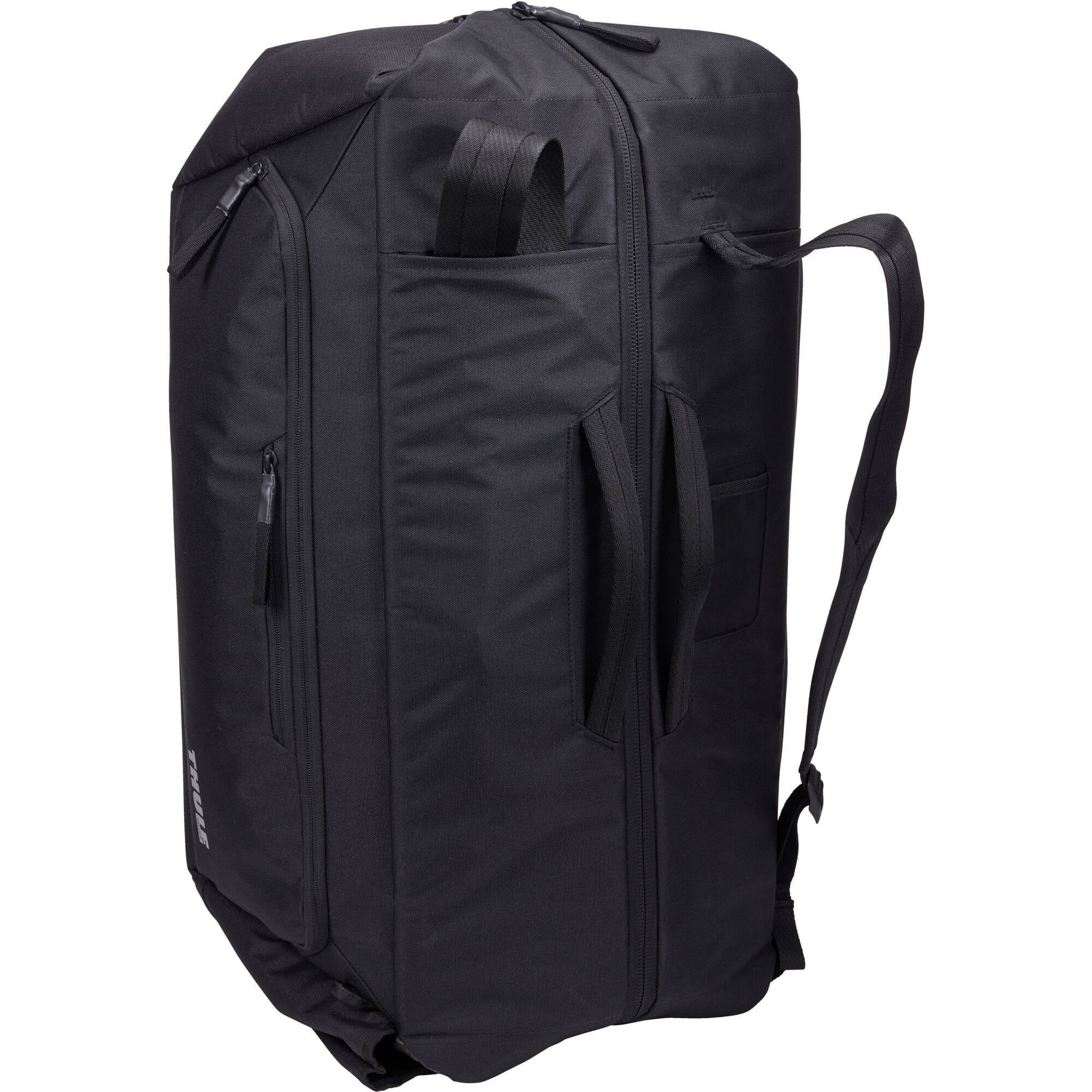 Thule RoundTrip Bike Duffel 70L with organized compartments, durable cycling gear travel bag shown in black with multiple zipper sections.