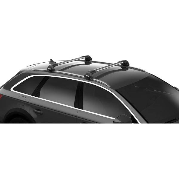 Thule Edge Bar Flush Rail Kit for Evo Wing Bar roof rack system showing metal rails and mounting hardware.