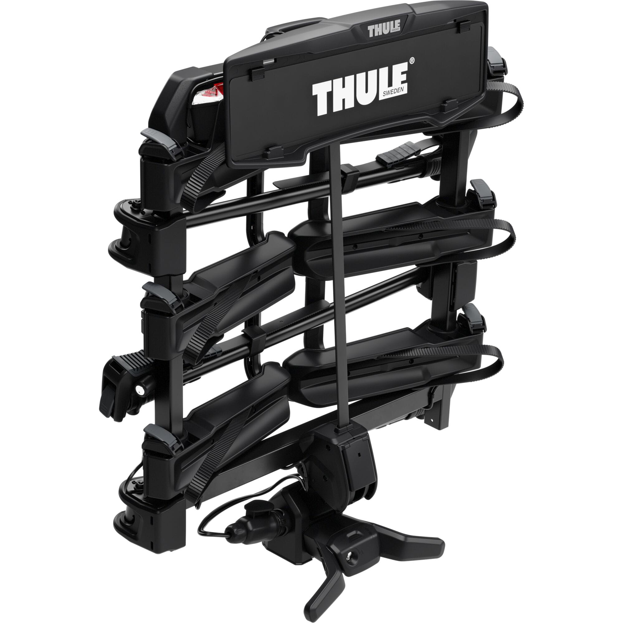 Thule OutPace 9013200 3-bike towball carrier with foldable design and 13-pin connector, suitable for attaching to a vehicle.