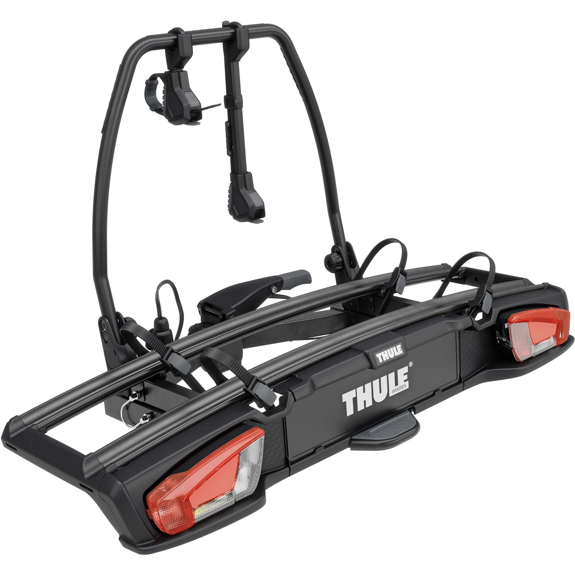 Thule VeloSpace 3 2-bike towball carrier with 13-pin connector for e-bikes, showing the black metal frame and bike mounting arms.