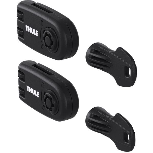 Thule Wheel Strap Locks for bike carriers with plastic straps and 2 adaptors, securing bikes during transport.
