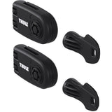 Thule Wheel Strap Locks for bike carriers with plastic straps and 2 adaptors, securing bikes during transport.