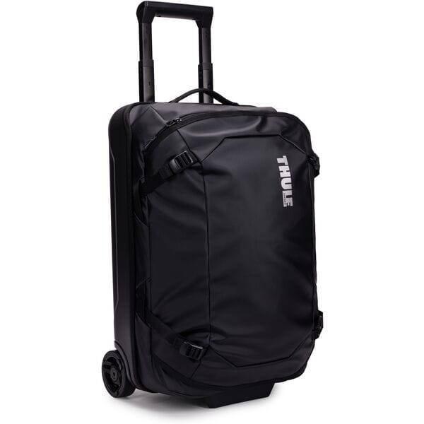 Black Thule Chasm Carry On wheeled suitcase with durable design and oversized wheels, ideal for travel accessories.