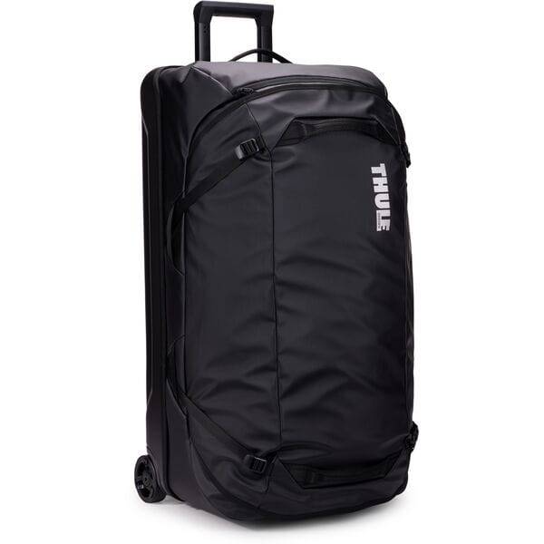 Black Thule Chasm rolling duffel bag with durable weather-resistant fabric, designed for travel and outdoor accessories.