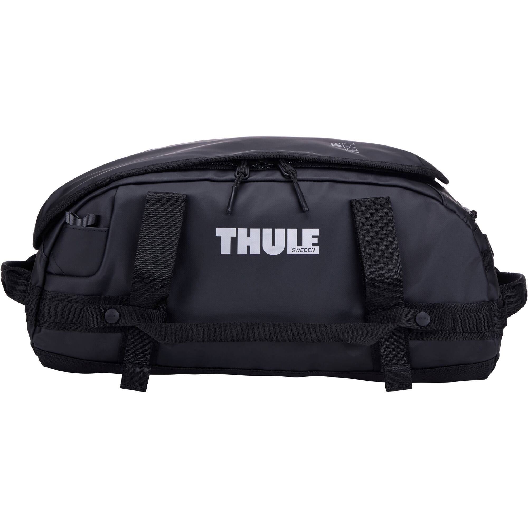 Thule Chasm Recycled 30L duffel bag with convertible backpack straps, showcasing its durable design and eco-friendly materials.