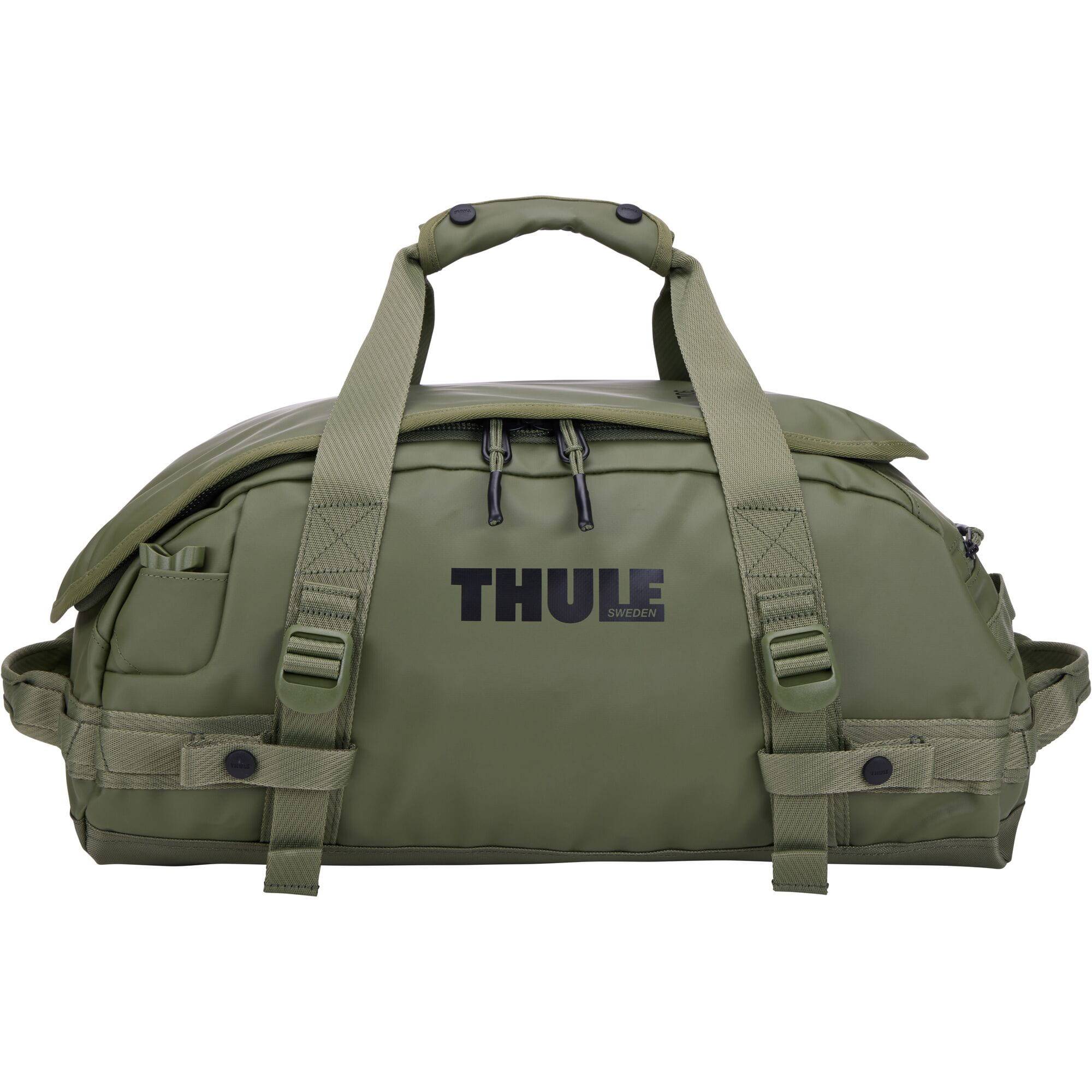 Thule Chasm Recycled 30L duffel bag with convertible backpack straps, showing its durable, eco-friendly design and spacious storage.