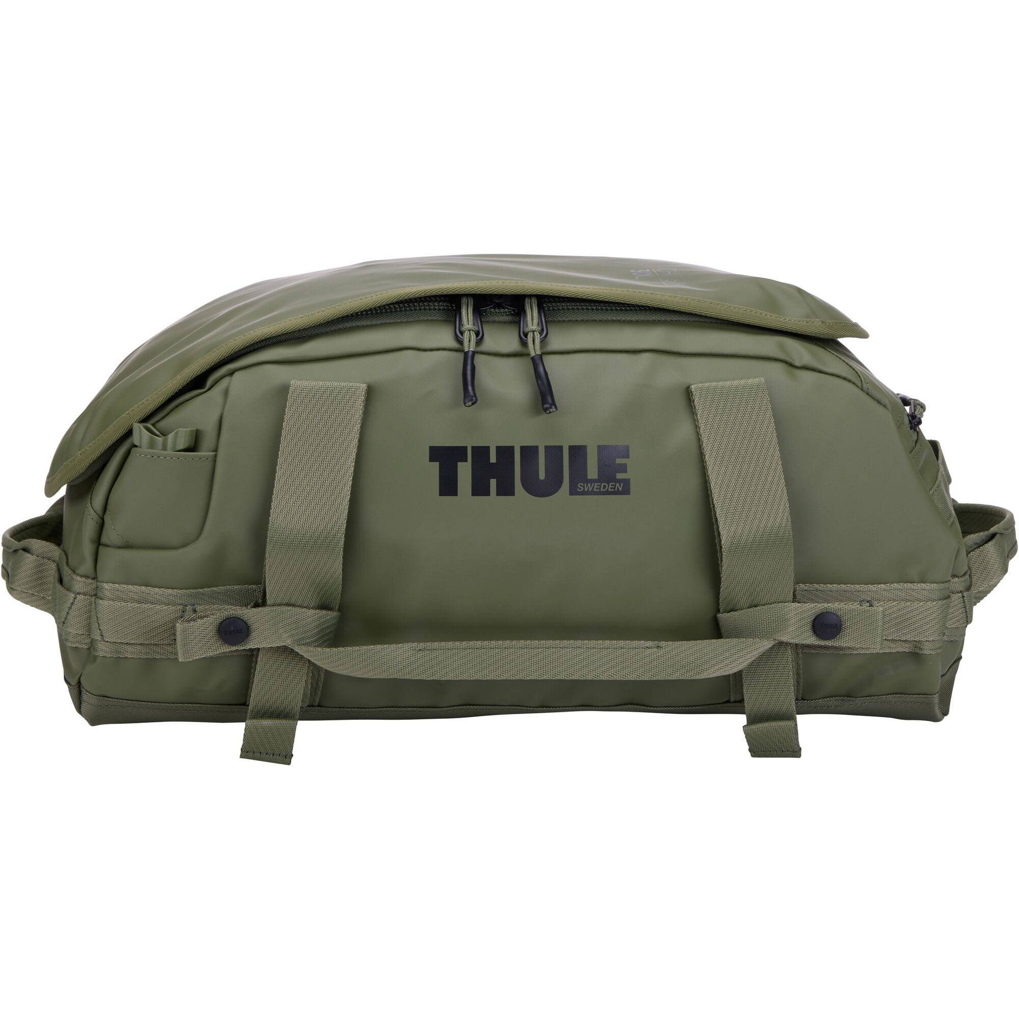 Thule Chasm Recycled 30L Duffel Bag with convertible backpack straps, showing durable green fabric and carry handles.