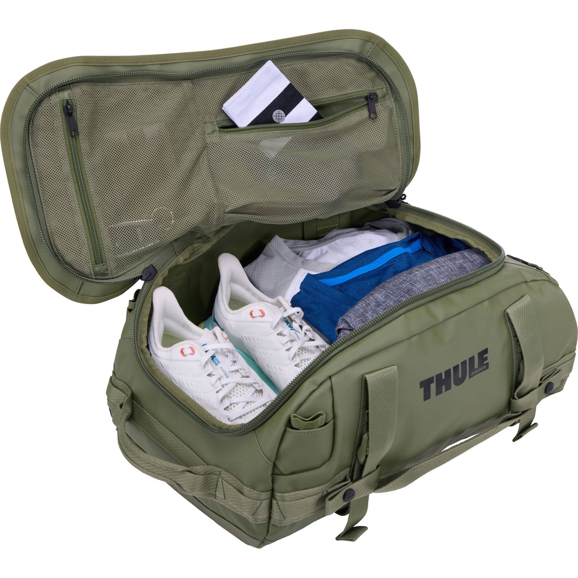 Thule Chasm Recycled 30L duffel bag with convertible backpack straps, showing durable recycled fabric and carry handles.