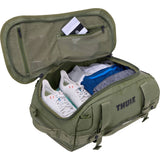 Thule Chasm Recycled 30L duffel bag with convertible backpack straps, showing durable recycled fabric and carry handles.