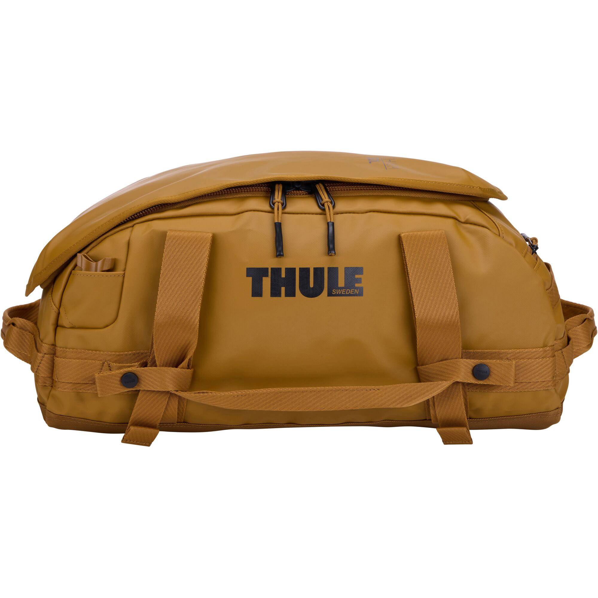 Thule Chasm Recycled 30L duffel bag with convertible backpack straps, showing its durable recycled material and versatile design.